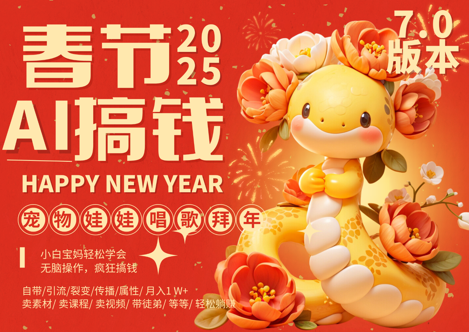 AI春节搞钱7.0升级版 蝴蝶号超火爆萌宠唱歌拜年  AI一键制作 批量出内容   春节做…-淘米帮