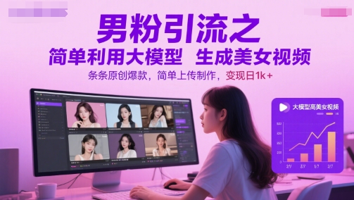 男粉引流之简单利用大模型生成美女视频，条条原创爆款，简单上传制作，变现日1k+-淘米帮