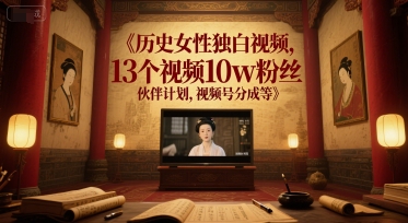历史女性独白视频，13个视频10w粉丝，伙伴计划，视频号分成等-淘米帮