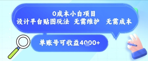 0成本小白项目，设计平台贴图玩法，无需维护，无需成本，单账号单月可产生收益4k+-淘米帮