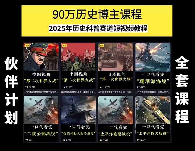 图片[1]-历史短视频赛道变现课，百集素材库应用，文案剪辑技巧，账号运营全案-淘米帮