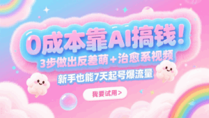 0成本靠AI搞钱！3步做出反差萌+治愈系视频，新手也能7天起号爆流量，月入5位数-淘米帮