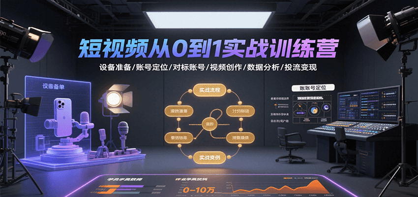 短视频从0到1实战训练营：设备准备/账号定位/对标账号/视频创作/数据分析/投流变现-淘米帮
