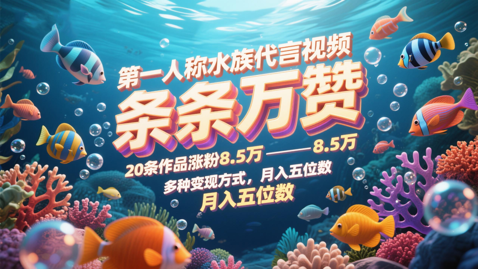 第一人称水族代言视频，条条万赞，20条作品涨粉8.5万，多种变现方式月，入五位数-淘米帮