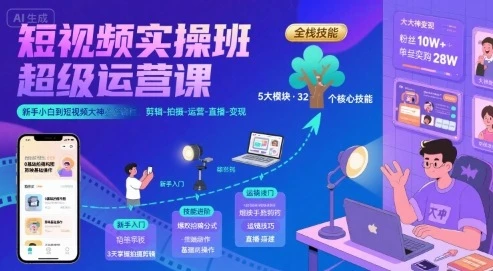 【精】短视频实操班超级运营课，新手小白到短视频大神必修课程，剪辑-拍摄-运营-直播-变现-淘米帮