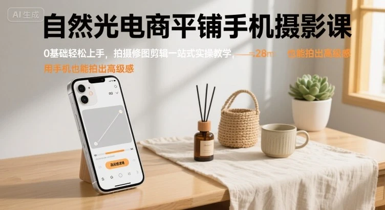 【精】自然光电商平铺手机摄影课，0基础轻松上手，拍摄修图剪辑一站式实操教学，用手机也能拍出高级感-淘米帮
