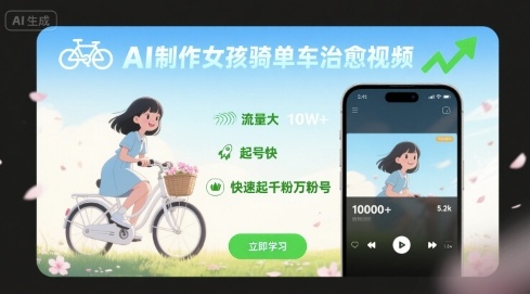 AI制作女孩骑单车治愈视频，流量大，起号快，快速起千粉万粉号-淘米帮