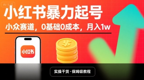 小红书暴力起号，小众赛道，0基础0成本，月入1w-淘米帮