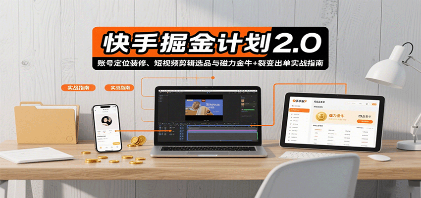 快手掘金计划2.0，账号定位装修、短视频剪辑选品与磁力金牛+裂变出单实战指南-淘米帮
