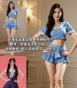 AI海军装美女跳舞视频制作教学，快速涨千粉万粉，视频教程+提示词(绘图词、动作词)-淘米帮