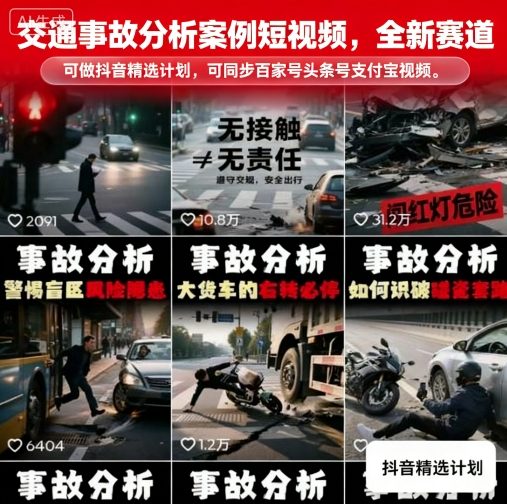 交通事故分析案例短视频，全新赛道，可做抖音精选计划，可同步百家号头条号支付宝视频号平台-淘米帮