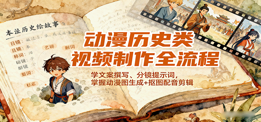 动漫历史类视频制作全流程，学文案撰写、分镜提示词，掌握动漫图生成+抠图配音剪辑-淘米帮