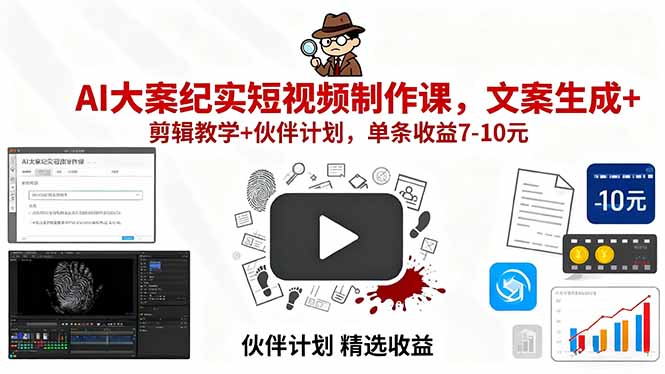 AI大案纪实短视频制作课，文案生成+剪辑教学+伙伴计划，单条收益7-10元-淘米帮