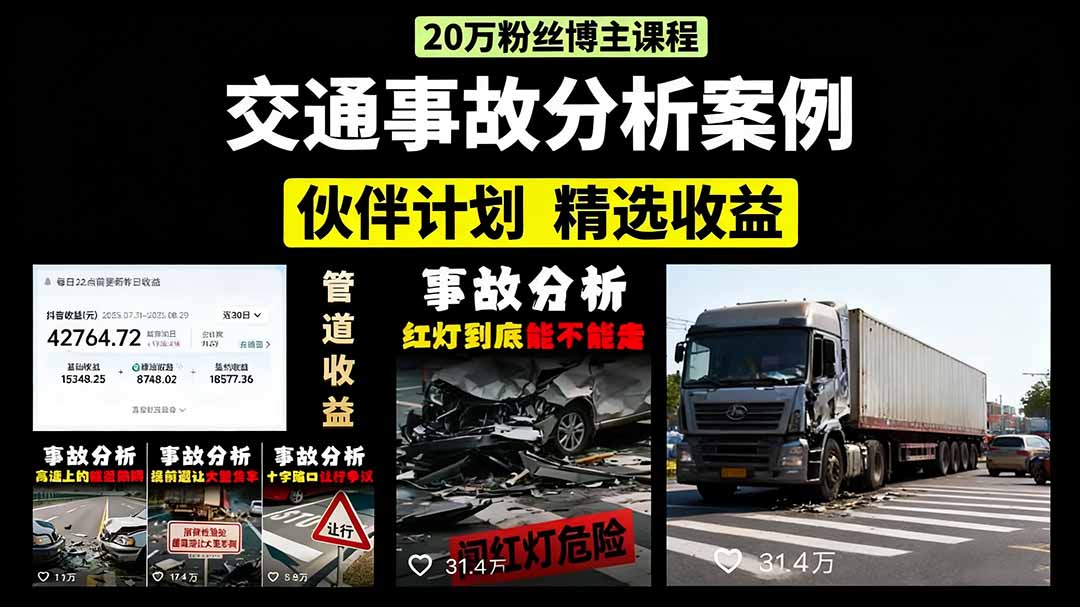 交通事故分析案例短视频，剪辑技巧+文案模板+配音教学+快速起号 月收益2w+-淘米帮