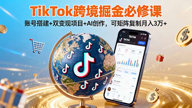 TikTo跨境掘金必修课，账号搭建+双变现项目+AI创作，可矩阵复制月入3万+-淘米帮