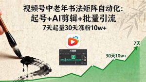 视频号中老年书法矩阵自动化:起号+AI剪辑+批量引流 7天起量30天涨粉10w+-淘米帮