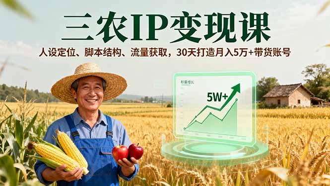 三农IP变现课，人设定位、脚本结构、流量获取，30天打造月入5万+带货账号-淘米帮