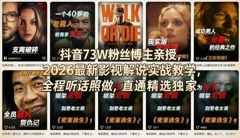 【精】抖音73W粉丝博主亲授,2026最新影视解说实战教学,全程听话照做,直通精选独家-淘米帮