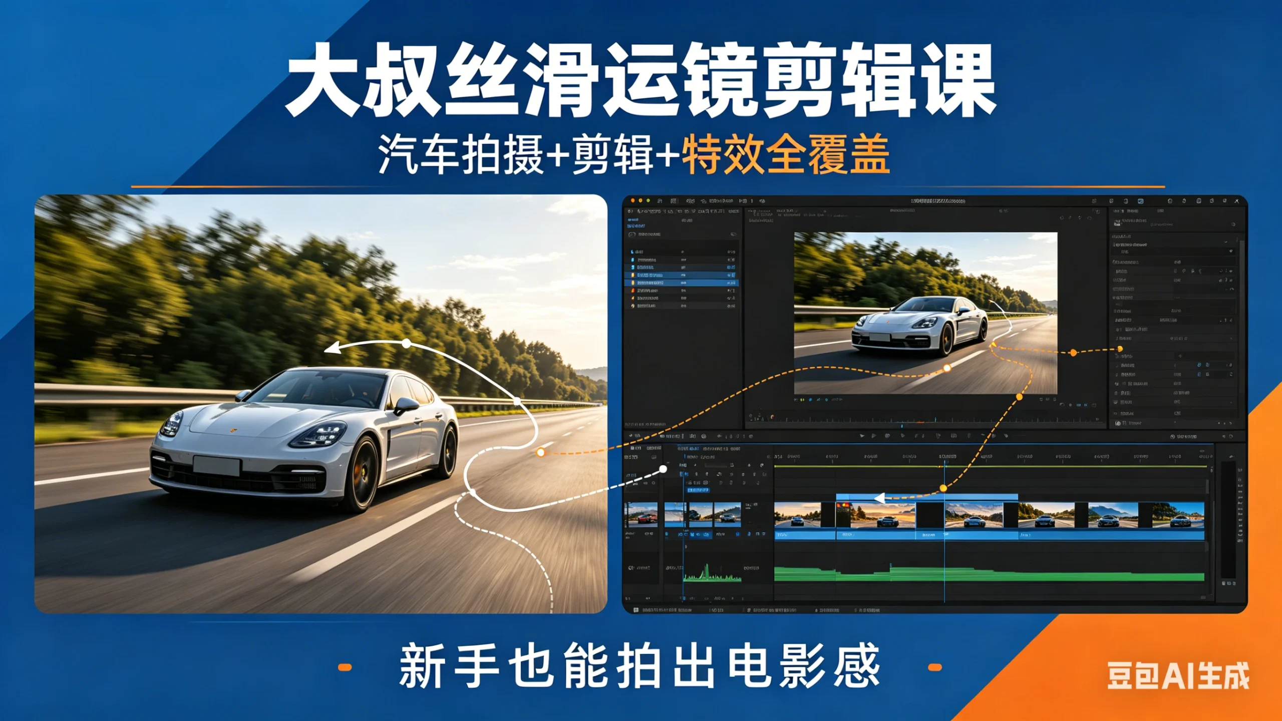 【精】大叔丝滑运镜剪辑课，汽车拍摄+剪辑+特效全覆盖，新手也能拍出电影感-淘米帮