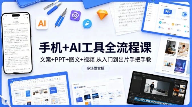 【精】林老师·手机 AI工具全流程课,文案 PPT 图文 视频,从入门到出片手把手教,多场景实操-淘米帮