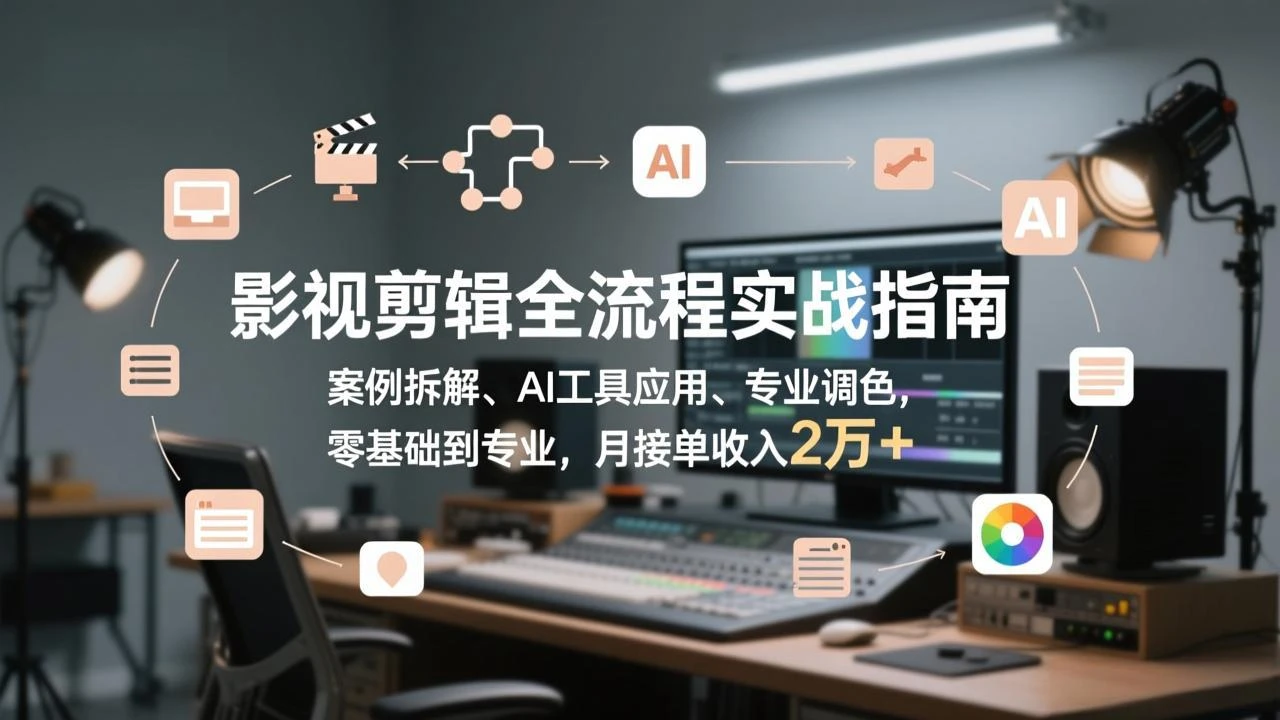 【精】影视剪辑全流程实战指南，案例拆解、AI工具应用、专业调色，零基础到专业，月接单收入2万+-淘米帮