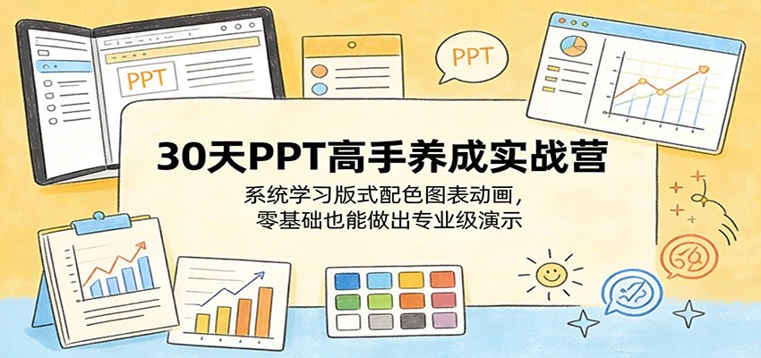【精】30天PPT高手养成实战营：系统学习版式配色图表动画，零基础也能做出专业级演示-淘米帮