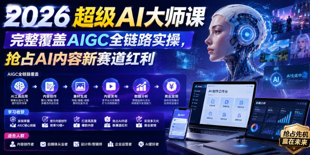 【精】2026超级AI大师课，完整覆盖AIGC全链路实操，抢占AI内容新赛道红利-淘米帮