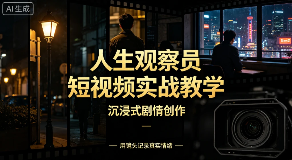 人生观察员短视频实战教学 沉浸式剧情创作 零基础打造爆款视频 接商单广告 独家精选分成收益-淘米帮