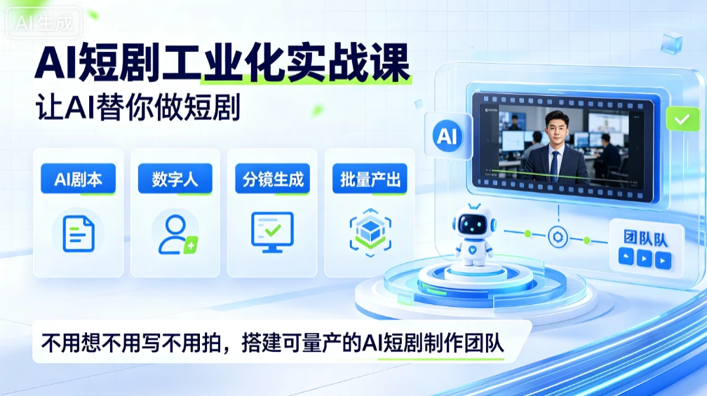 【精】AI短剧工业化实战课，让AI替你做短剧，不用想不用写不用拍，搭建可量产的AI短剧制作团队-淘米帮