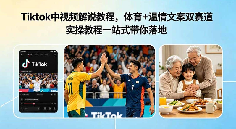 Tiktok中视频解说教程，体育+温情文案双赛道实操教程一站式带你落地，教你出海賺美刀-淘米帮