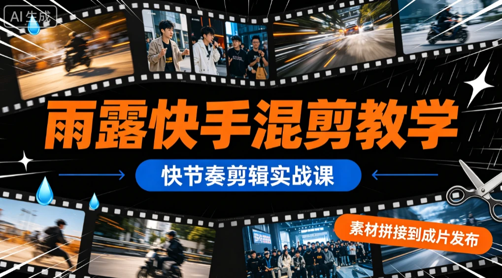 【精】雨露快手混剪教学,快节奏剪辑实战课,素材拼接到成片发布-淘米帮
