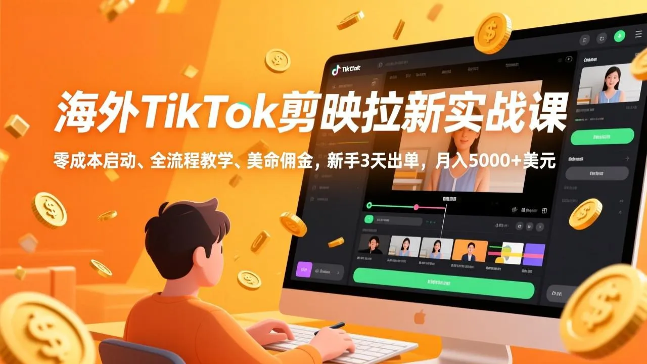 【精】海外TikTok剪映拉新实战课，零成本启动、全流程教学、美金佣金，新手3天出单，月入5000+美元-淘米帮