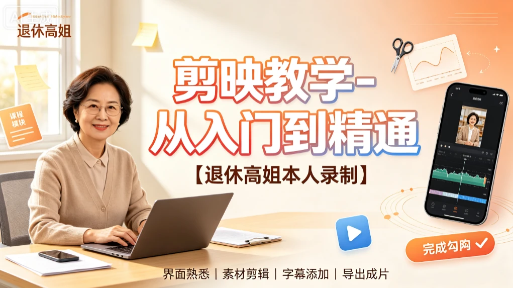 【精】剪映教学-从入门到精通，退休高姐本人录制，界面熟悉、素材剪辑、字幕添加、导出成片-淘米帮