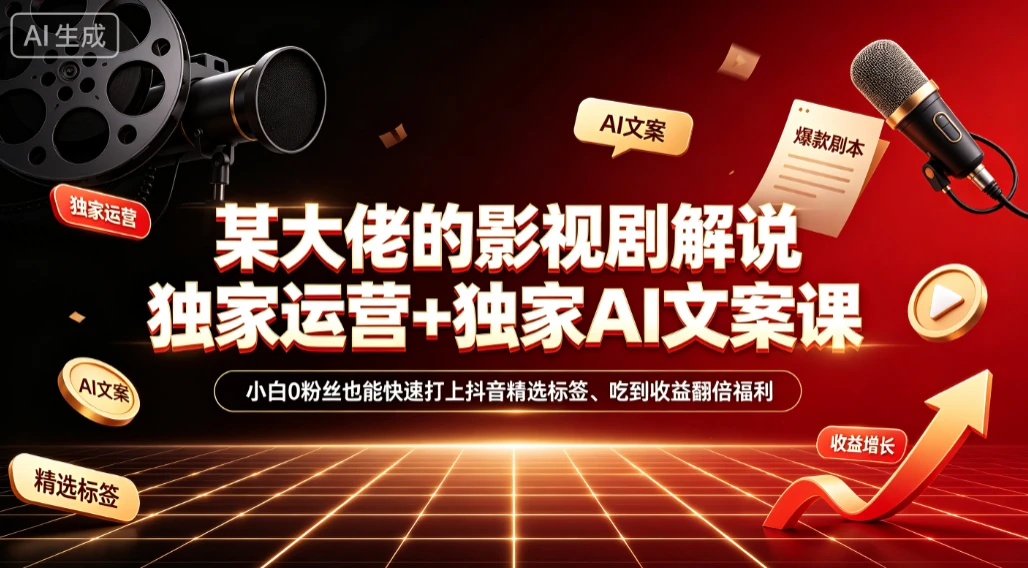 【精】某大佬的影视剧解说独家运营+独家AI文案课，小白0粉丝也能快速打上抖音精选标签、吃到收益翻倍福利-淘米帮