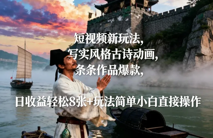 短视频新玩法，写实风格古诗动画，条条作品爆款，日收益轻松8张+玩法简单小白直接操作-淘米帮