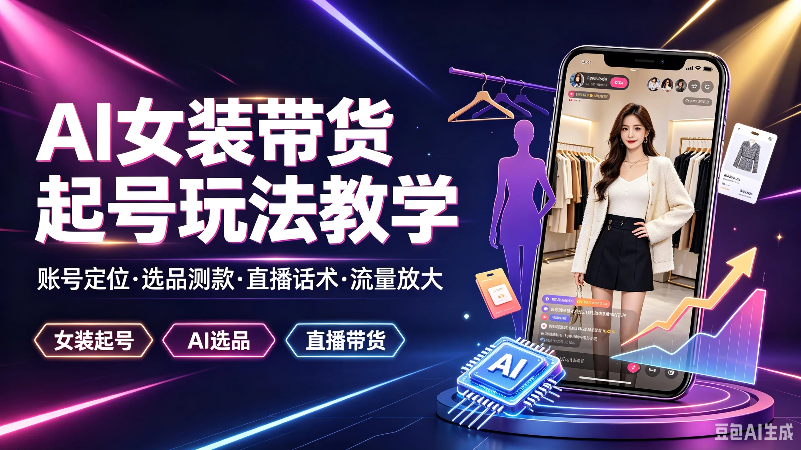 【精】AI女装带货起号玩法教学,帐号定位·选品测款·直播话术·流量放大,女装起号、Al选品、直播带货-淘米帮