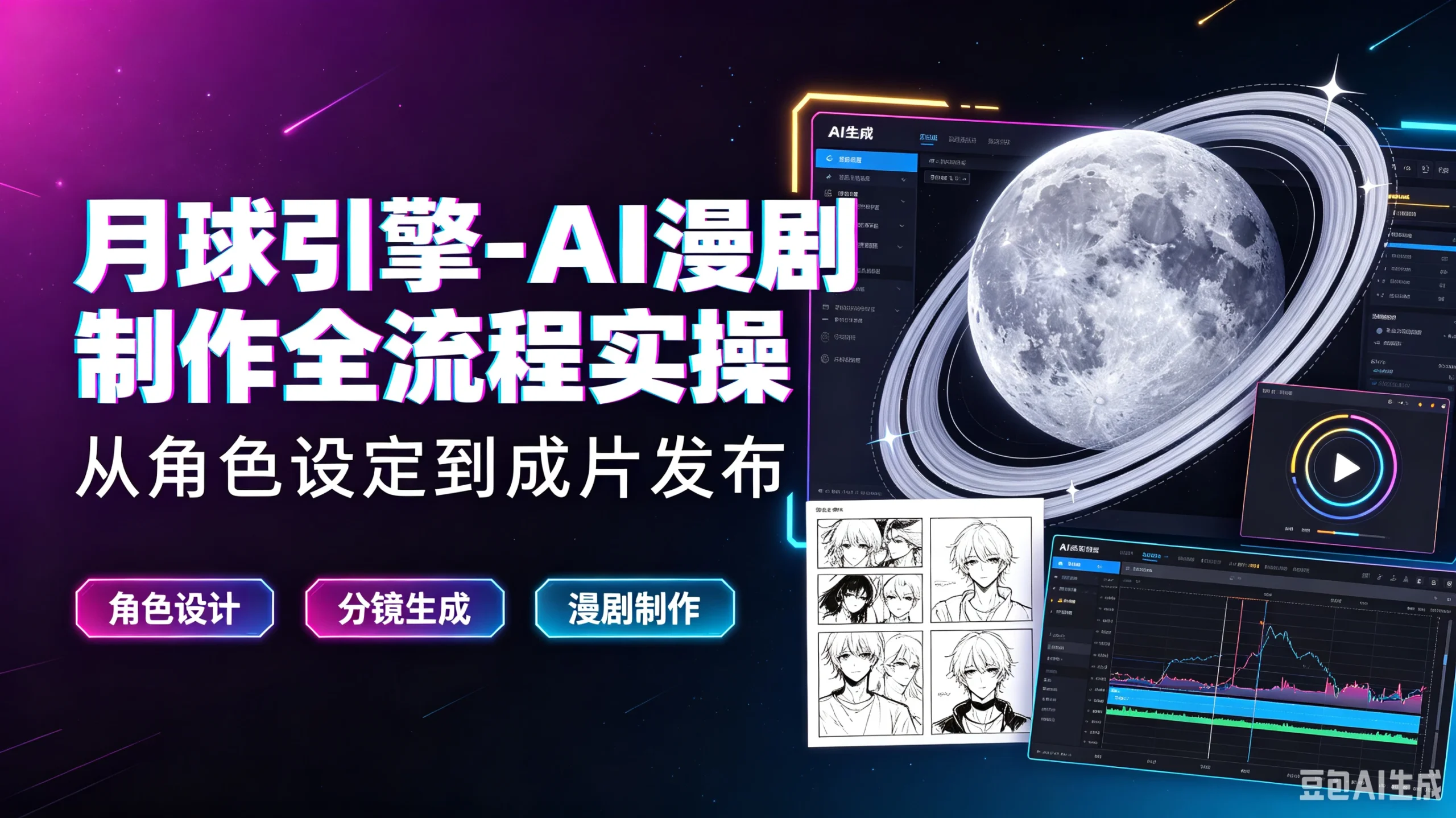 【精】月球引擎-AI漫剧制作全流程实操从角色设定到成片发布，角色设计、分镜生成、漫剧制作-淘米帮