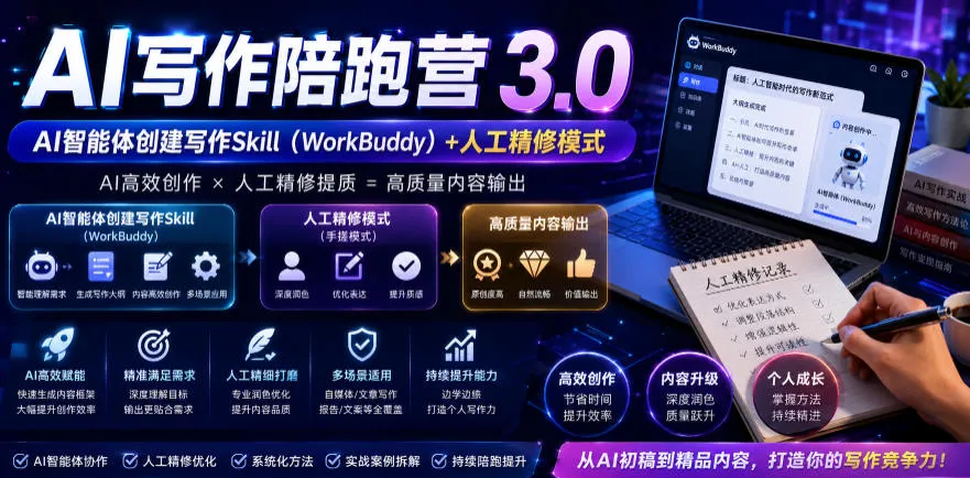 【精】AI写作陪跑营3.0,Ai智能体创建写作skill(workbuddy)+人工手写模式(手搓模式),去除AI痕迹(头条号、公众号、百家号)-淘米帮