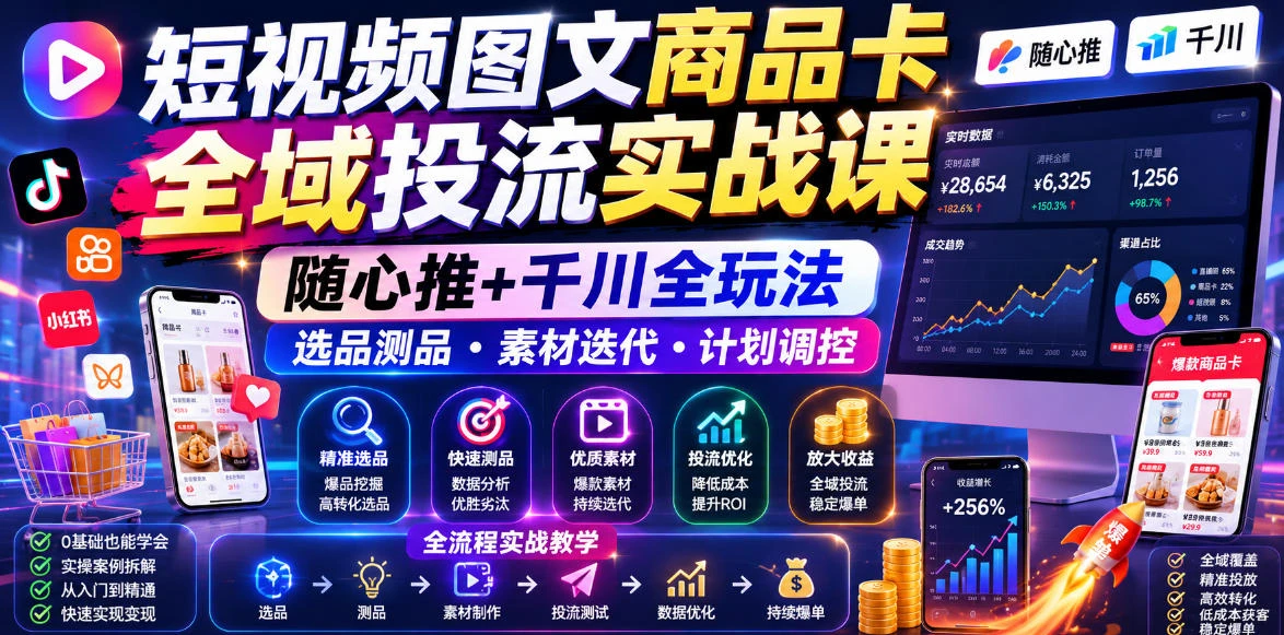 【精】短视频图文商品卡全域投流实战课,随心推+千川全玩法,选品测品・素材迭代・计划调控,提升ROI爆单增收教程-淘米帮