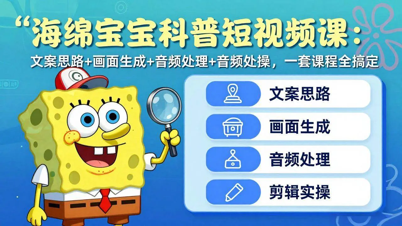 抖音27W粉丝博主的海绵宝宝科普短视频教学，内容制作简单，撸创作者伙伴计划-淘米帮