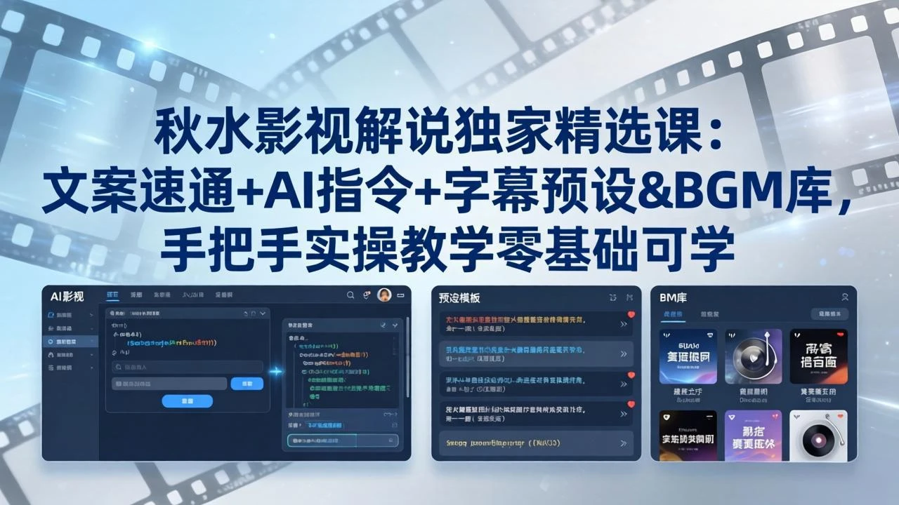 【精】秋水影视解说独家精选课：文案速通+AI指令+字幕预设+BGM库，手把手实操教学零基础可学-淘米帮