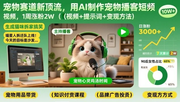 宠物赛道新顶流，用AI制作宠物播客短视频，1周涨粉2W（视频+提示词+变现方法）-淘米帮