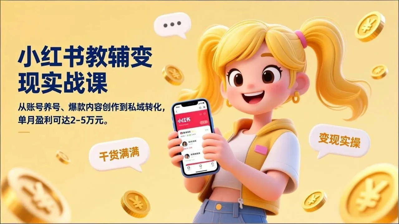 【精】小红书教辅变现实战课，从账号养号、爆款内容创作到私域转化，单月盈利可达2-5万元-淘米帮