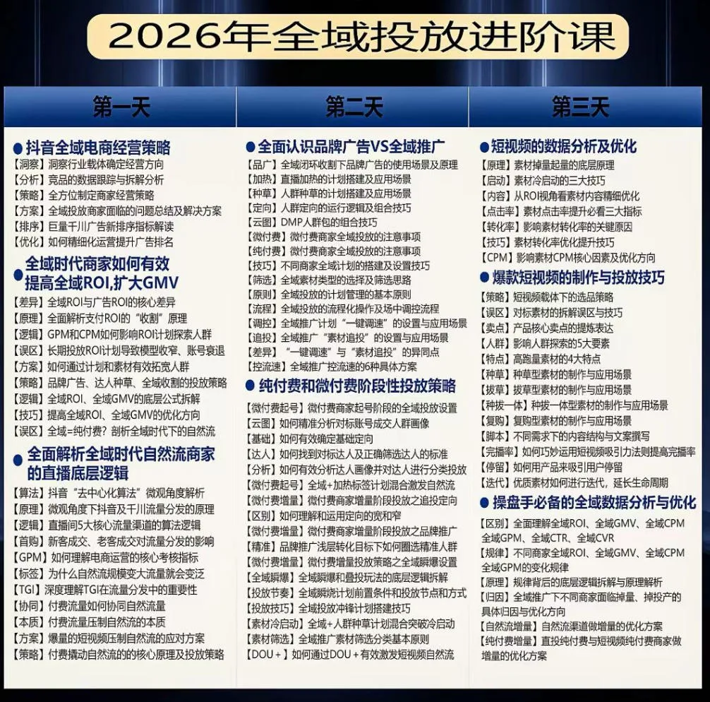 【精】千川扫地僧2026抖音全域投放进阶课，少走弯路·快速起量·掌控增长，6月12-14号杭州线下课-淘米帮