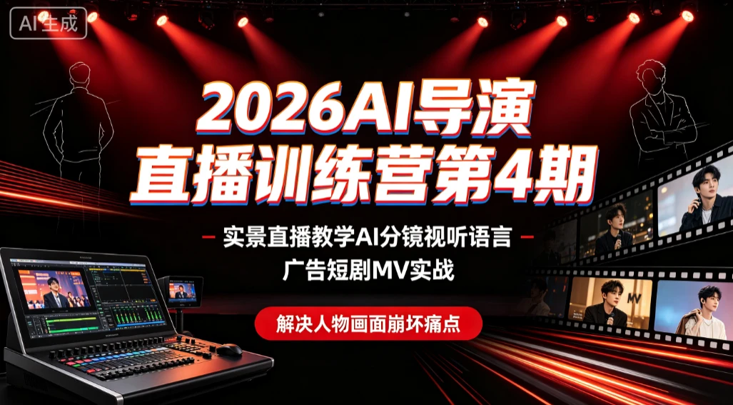 【精】2026AI导演直播训练营第4期，实景直播教学AI分镜视听语言，广告短剧MV实战，解决人物画面崩坏痛点-淘米帮