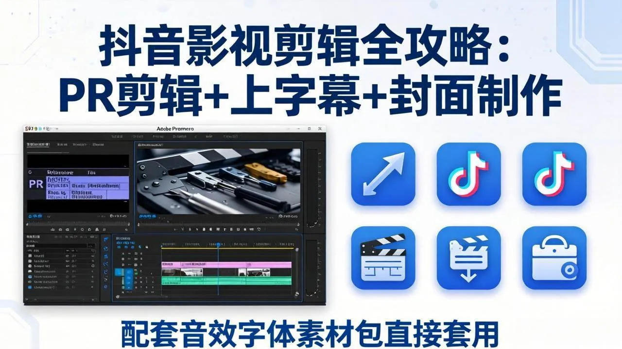 【精】抖音影视剪辑全攻略:PR剪辑+上字幕+封面制作,配套音效字体素材包直接套用-淘米帮