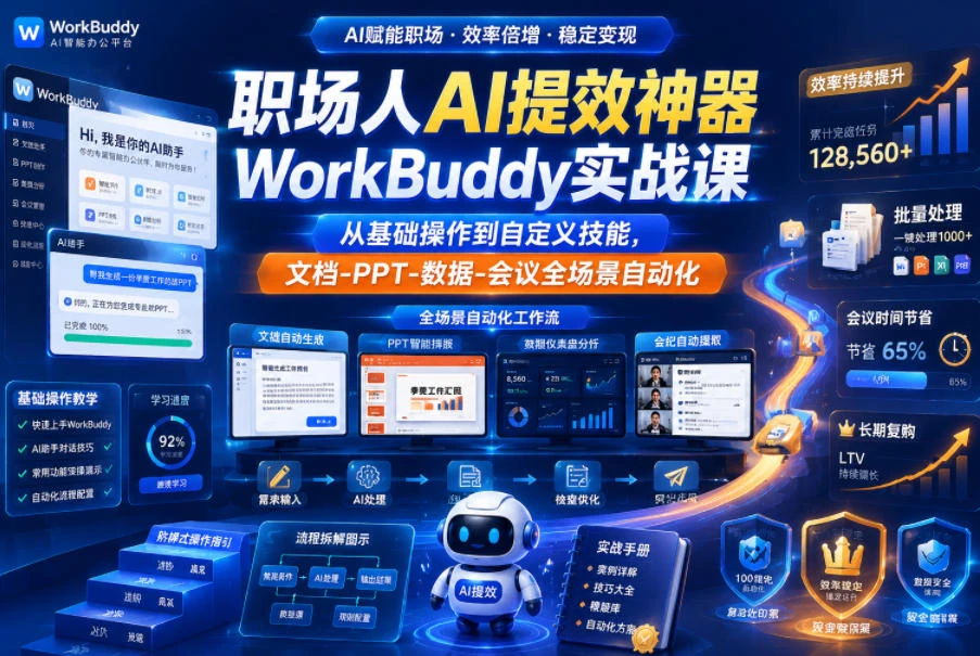 【精】职场人AI提效神器WorkBuddy实战课,从基础操作到自定义技能,文档-PPT-数据-会议全场景自动化-淘米帮