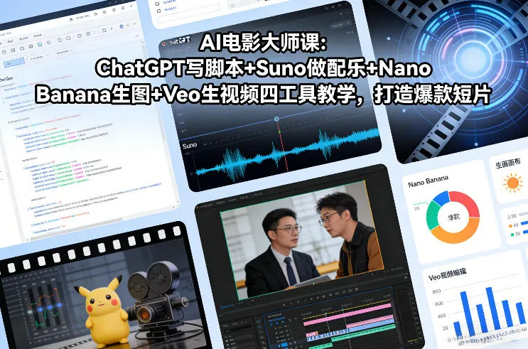 【精】AI电影大师课：ChatGPT写脚本+Suno做配乐+Nano Banana生图+Veo生视频，打造爆款短片-淘米帮