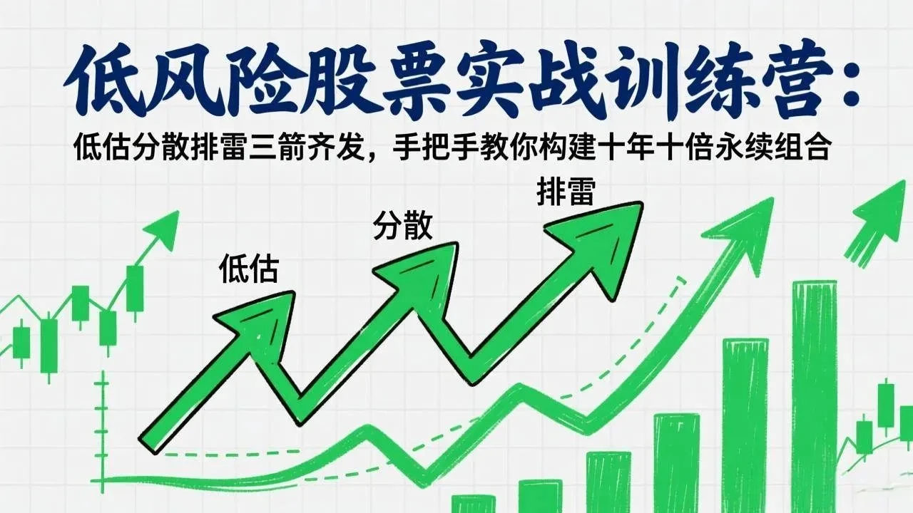 【精】低风险股票实战训练营：低估分散排雷三箭齐发，手把手教你构建十年十倍永续组合-淘米帮