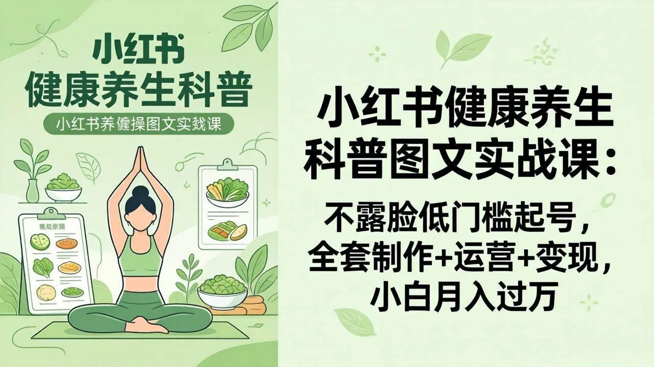 【精】2026小红书健康养生科普图文实战课：不露脸低门槛起号，全套制作+运营+变现，小白月入过万-淘米帮